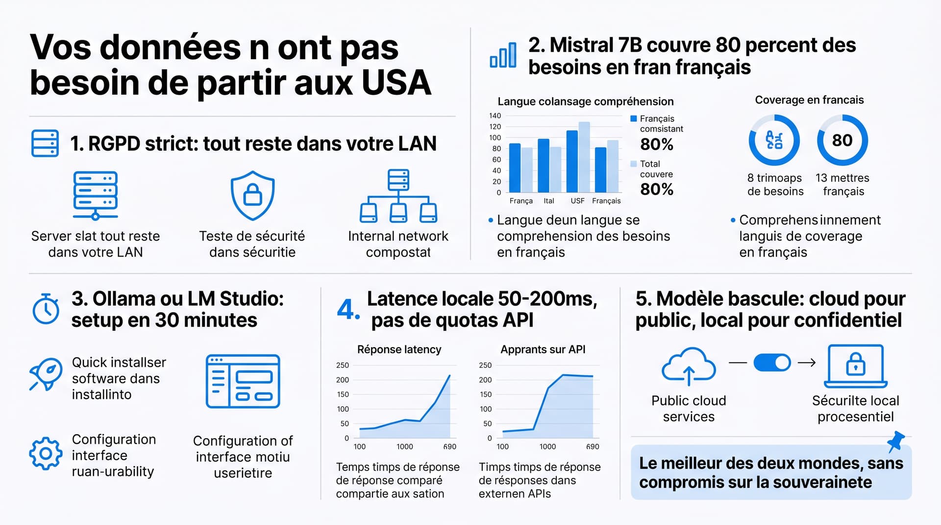 Infographie : LLMs locaux vs cloud — RGPD, performances, setup, latence, modèle bascule
